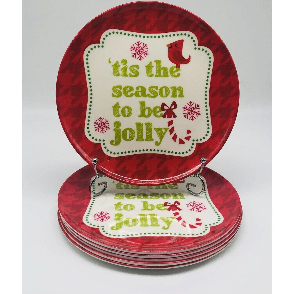 6 Christmas Melamine 8” Plates Salad Appetizer “tis the season to be jolly” A4